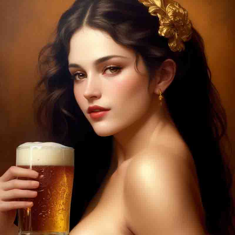A beautiful sensual beer babe in front of a golden brown setting holding a chilled glass of beer in her hand.