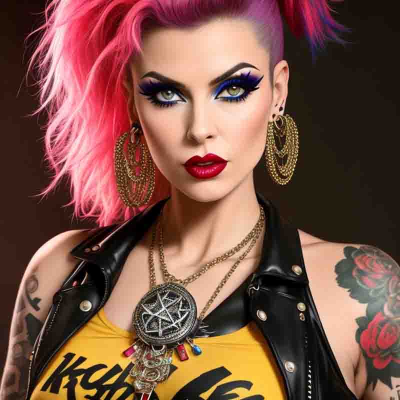 Sensual counterculture woman, mid-30s, portrayed as a vixen in Russ Meyer B-movie style. She wears a punk rock hairstyle, her hands are adorned with rings and she has a rebellious and confident demeanor.