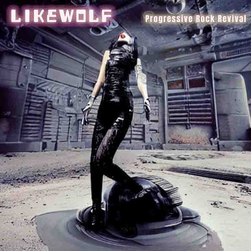 A female figure stands in a futuristic, surreal prog rock setting. Her head is tilted up with red lipstick. The lettering reads Likewolf, Progressive Rock Revival