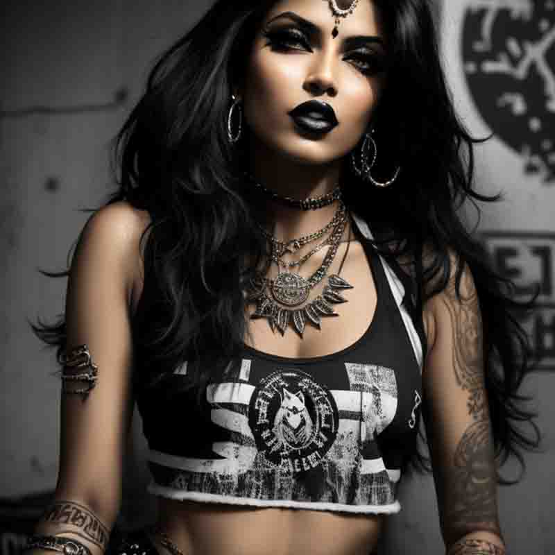 Indian counterculture woman, mid-30s, portrayed as a vixen in Russ Meyer B-movie style. She wears a punk rock hairstyle, her hands are adorned with rings and she has a rebellious and confident demeanor.