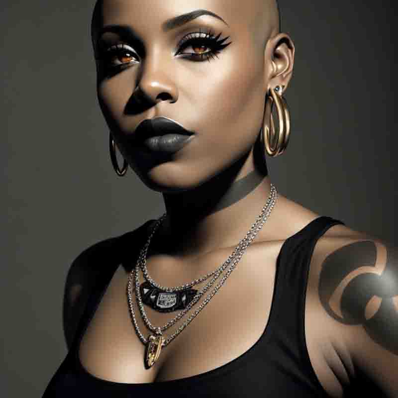 Black skinhead counterculture woman, mid-30s, portrayed as a vixen in Russ Meyer B-movie style. She wears a punk rock hairstyle, her hands are adorned with rings and she has a rebellious and confident demeanor.