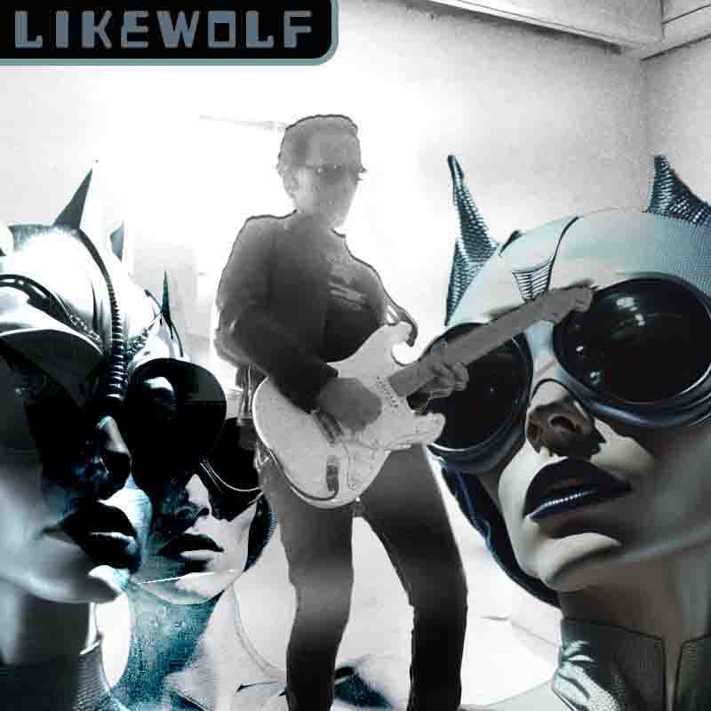 Technophile  Multiinstrumentalist Likewolf wearing leatherjacket and sunglasses surrounded by AI Generated stunning Female Alien Models