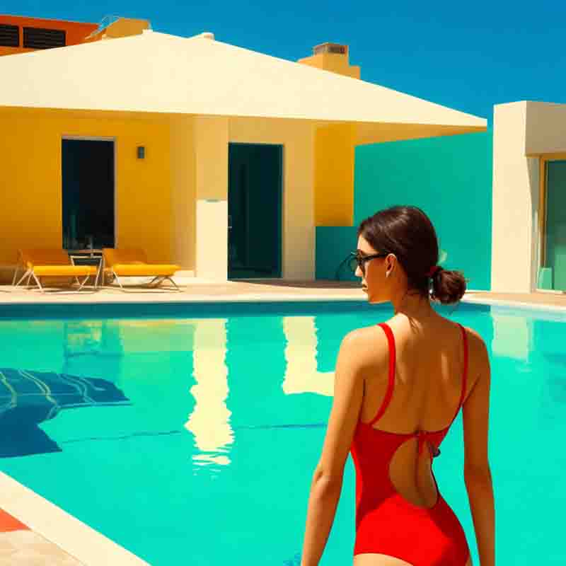 Fine art painting of a woman in a red swimsuit stands on the edge of a swimming pool in Ibiza. 